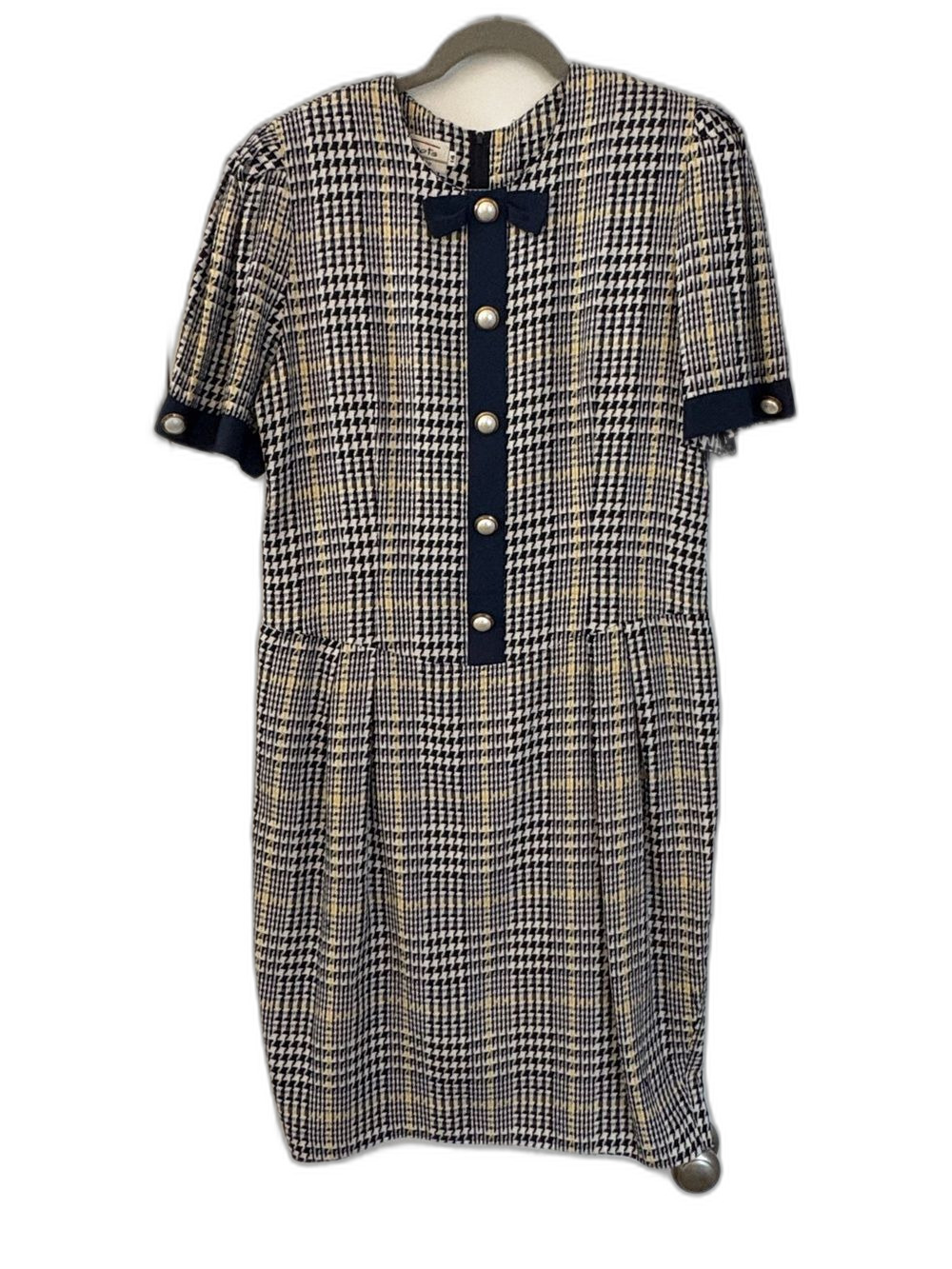 VTG Talbots Donna Ricco Navy Houndstooth Dress Pearl Buttons Bow Short Sleeve 14